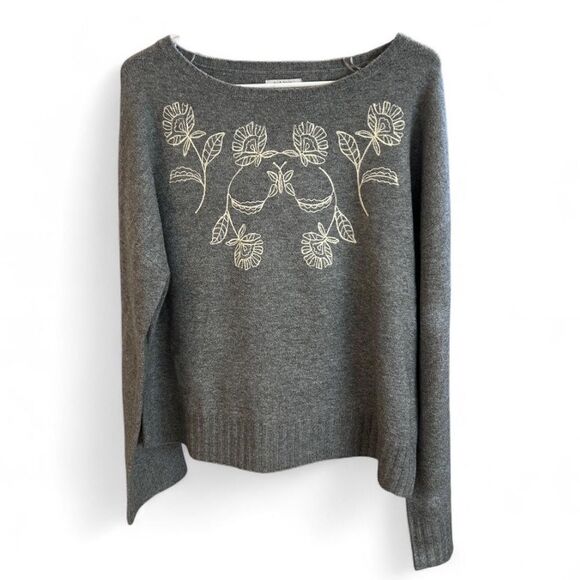 Haute Hippie Charcoal Sweater with Cream Floral Embroidered Design, NWT, Size XL - Picture 2 of 8